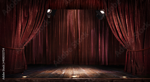 Foto Magic theater stage red curtains Show Spotlight.