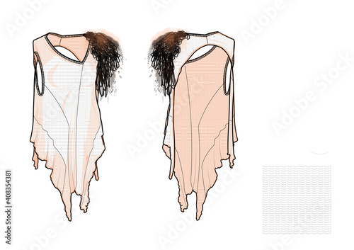 Knit dress technical sketch with watercolor effect 