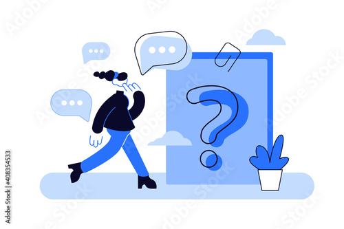 Question mark on document. Business woman asking questions