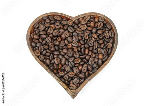 Coffee beans in wooden bowl on white background for valentines day concept.