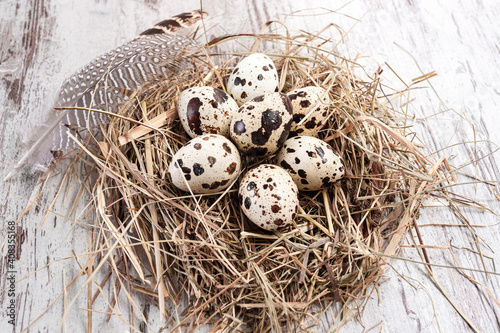 Quail eggs in a nest and feathers on wooden table