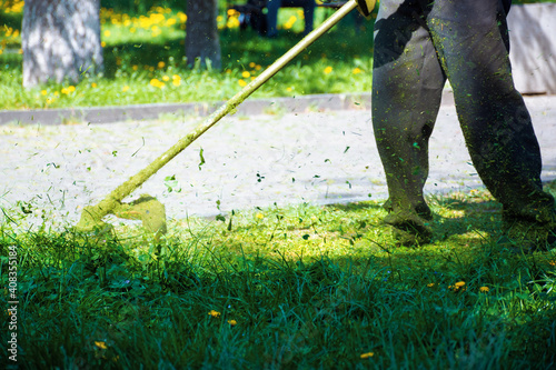 cutting lush green grass in the park. beautiful nature background. lawn care work in progress concept. brush cutter tool used to maintain gardens and outdoors