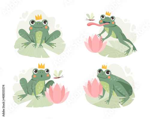 A set of images of a frog stalking and hunting a flying dragonfly. Set of flat cartoon vector illustrations isolated on white background