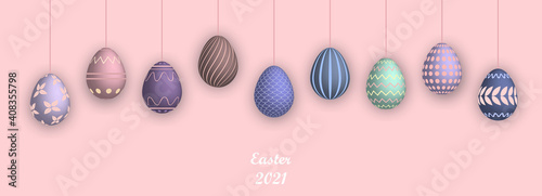 Easter 2021 poster with empty space. Banner template with Easter eggs on the pink background. Promotion sale and shopping template for Easter. Vector illustration. Isolated 3d easter eggs