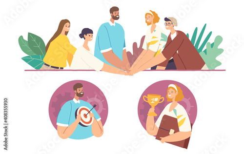 Colleagues Character Connecting Hands, Successful Business Woman Hold Golden Trophy, Businessman with Target