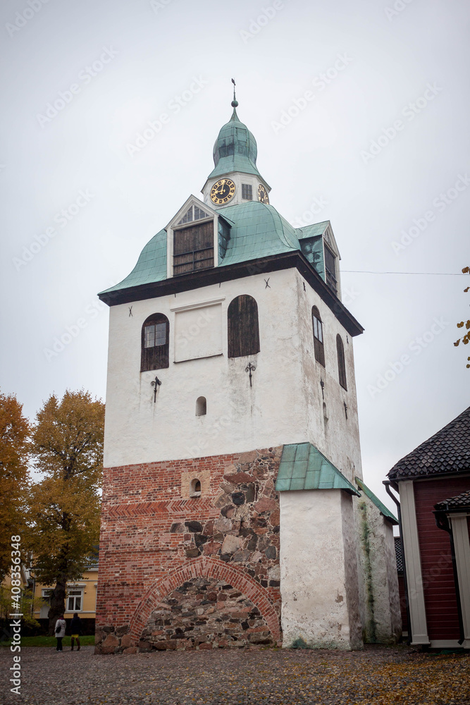Beautiful panorama of the city architecture, colored houses, roofs and churches of the city of Porvoo in finland