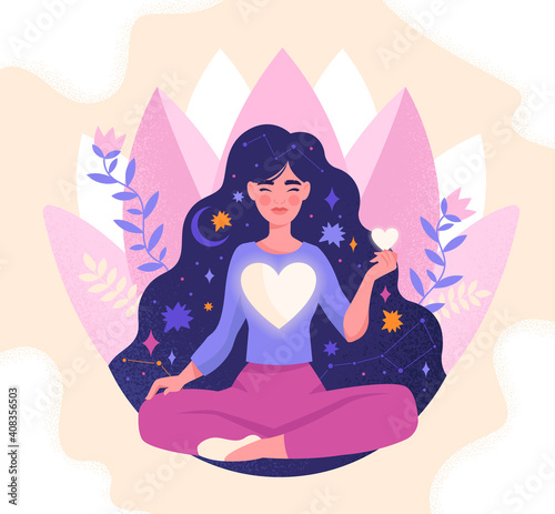 Concept of mindfulness, love and harmony with yourself. Girl with large glowing heart in her chest meditating. Female character sitting in lotos pose with closed eyes. Flat cartoon vector illustration