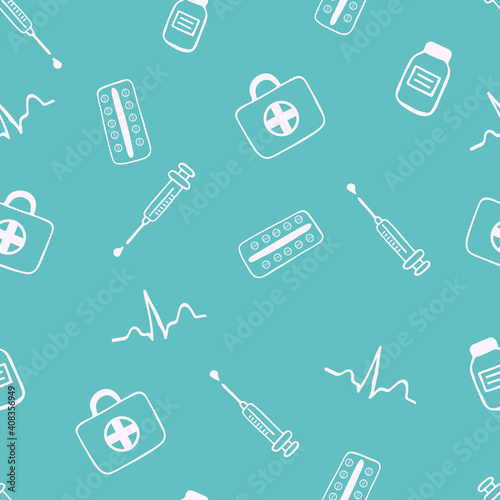 Seamless vector pattern with medical elements. Hand drawn outline doodle pattern with lettering on green background. Best for wallpaper, wrapping, textile, packaging, medical design, banner