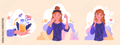 Adorable young woman taking care of her face and applying cosmetic serum oil. Female character massaging her face. Skin care, hygiene and moisturizing concept. Set of flat cartoon vector illustrations