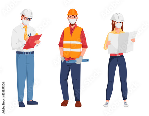 Vector illustration of three people workers, engineers, architects or builders. Full-length men and women in helmet and suit. In their hands, they hold a tablet with drawings or project plans.