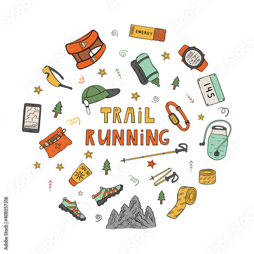 Color drawing of trail running equipment and accessories in round frame. Hand drawn icons in vector