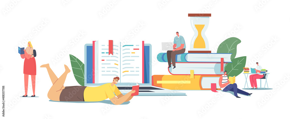 Tiny Male and Female Characters Reading on Huge Books Pile. Young Woman and Man Students Prepare for Examination - obrazy, fototapety, plakaty 
