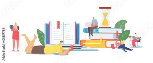 Tiny Male and Female Characters Reading on Huge Books Pile. Young Woman and Man Students Prepare for Examination