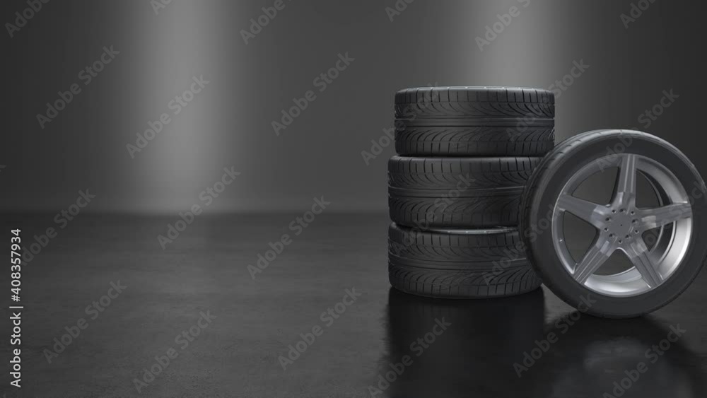 stacking tires and one side press wheel on white background