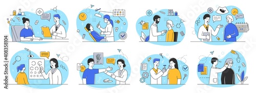 Large set of outline vector illustrations depicting people at the appointments of doctors of different specialties. Bundle of flat cartoon minimal style vector illustrations
