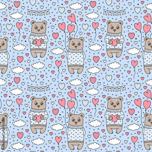 Wallpaper Mural Vector Cute Cartoon Sweater Bears Seamless Pattern. Love Symbol, Cloud, Hearts, Balloon, Flag Garland. Valentines Day Holiday pastel colors background for nursery print design, wrapping paper, textile Torontodigital.ca