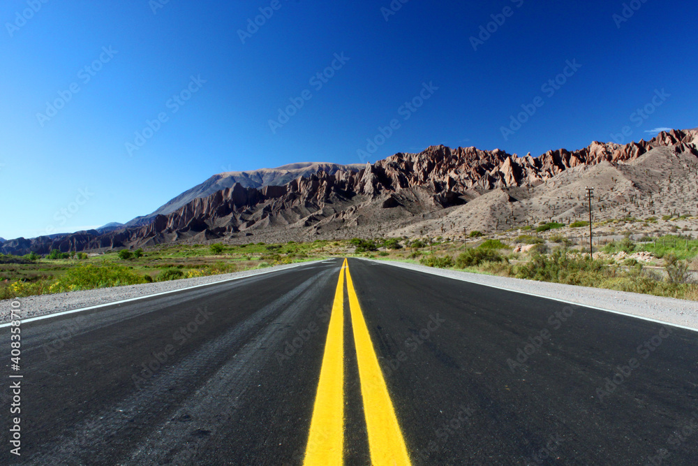 Naklejka premium Panorama landscape on a black road with double yellow median medial strip with blue sky and mountains in the background on a sunny day in Argentina