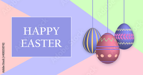Happy easter banner template. Poster with bright painted Easter eggs. Festive background. Vector illustration. Design layout for invitation, card, flyer, voucher, sale advertising, social media