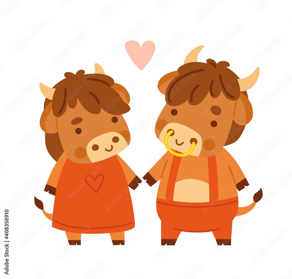Fototapeta premium Cute cow and bull. Kawaii little bull. 2021 zodiac sign. Vector illustration.