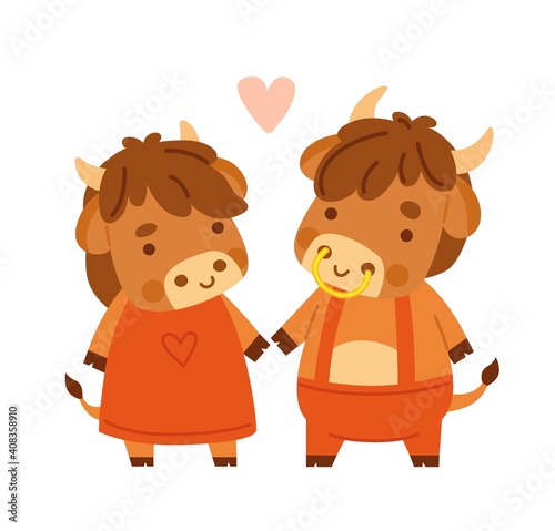 Cute cow and bull. Kawaii little bull. 2021 zodiac sign. Vector illustration.