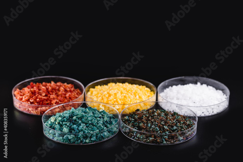Molten chloride salts, crystals and crystallized rare earth sediments, chemicals used in industry for the production of various industrial items, in petri dishes