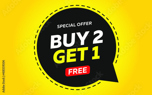 Buy 2, get 1 free. Special offer banner template promotion. Vector illustration.