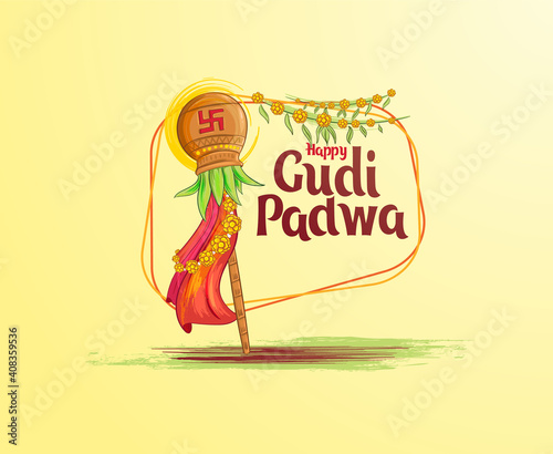 vector festive illustration. Hindu New Year celebration for Marathas and Konkani Gudi Padwa. translation from Indian: Gudi Padwa. design graphics for posters, posters, flyers, offers, booklets, cards