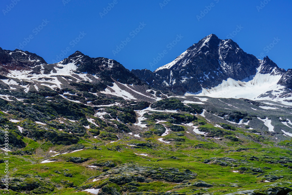 Passo Gavia, mountain pass in Lombardy, Italy, at summer