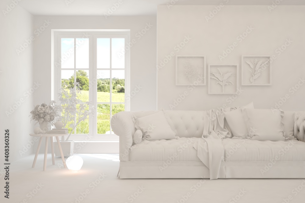 White living room with sofa and summer landscape in window. Scandinavian interior design. 3D illustration White living room with sofa and summer landscape in window. Scandinavian interior design. 3D illustration