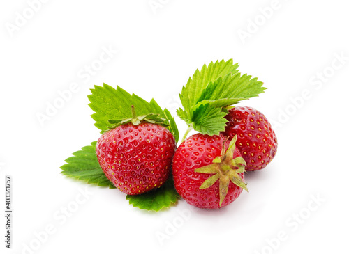 Ripe strawberry with leaves.