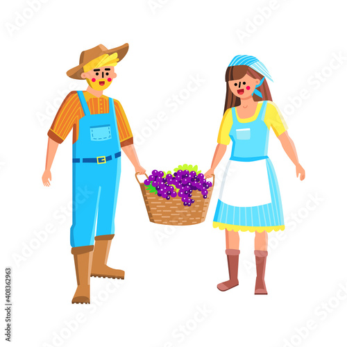 Farmers Couple Harvesting Grape Together Vector Illustration