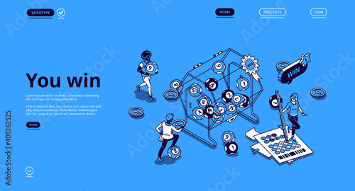 Lottery win isometric landing page with tiny people around of huge drum with balls rolling inside. Luck and fortune concept with character filling ticket and draw raffle. 3d vector line art web banner
