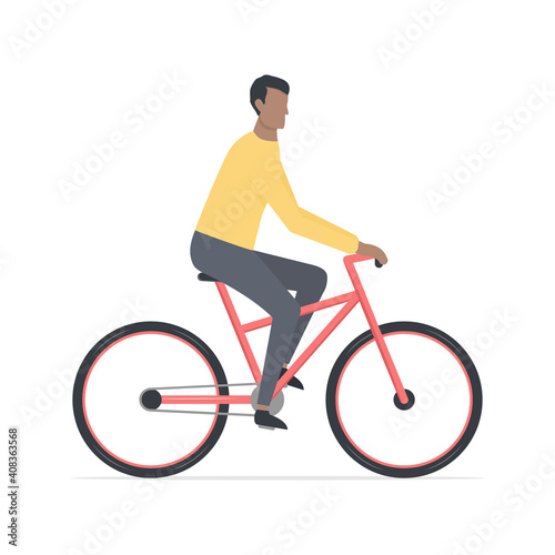 Young african man rides bicycle. Cartoon black slin guy on bicycle. Healthy lifestyle concept. Vector illustration isolated on white photo