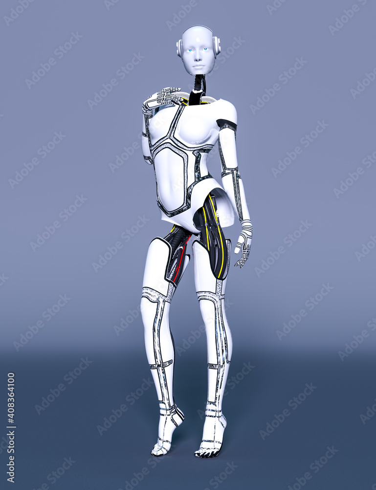 Robot woman. White metal droid. Artificial Intelligence. Robot woman. White metal droid. Artificial Intelligence.