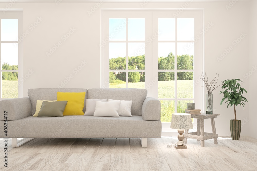 Fototapeta premium White living room with sofa and summer landscape in window. Scandinavian interior design. 3D illustration