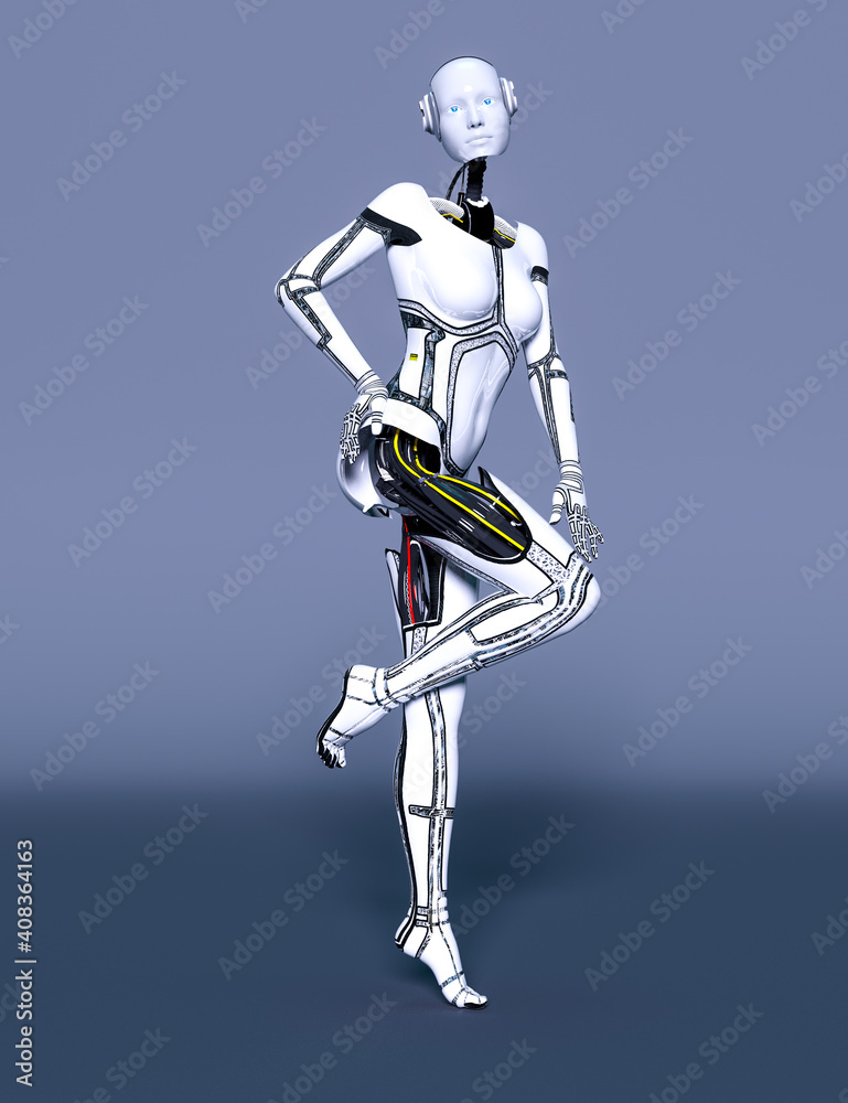 Robot woman. White metal droid. Artificial Intelligence.