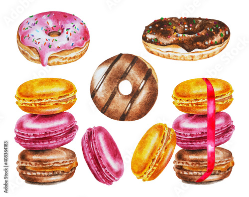 Set of  desserts: donuts, macaroons. Realistic colorful illustration. Design idea for menu, logo, greeting card, prints and more. Template. Closeup. Hand drawn.

