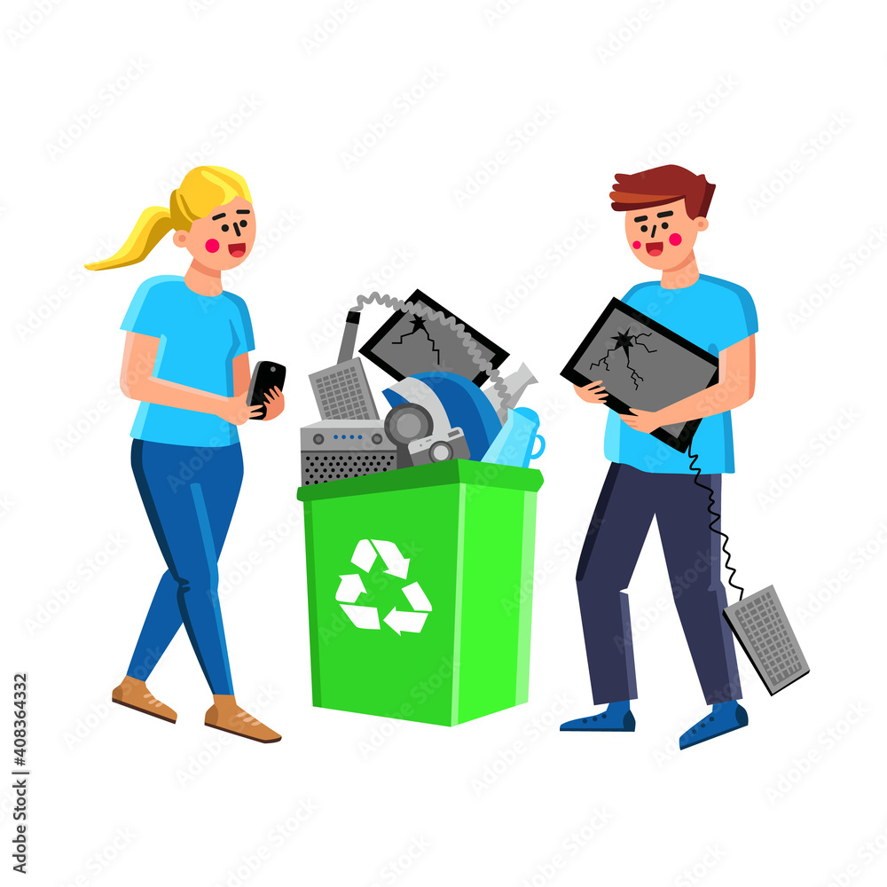 Electronic Waste People Throw Out In Basket Vector Electronic Waste People Throw Out In Basket Vector