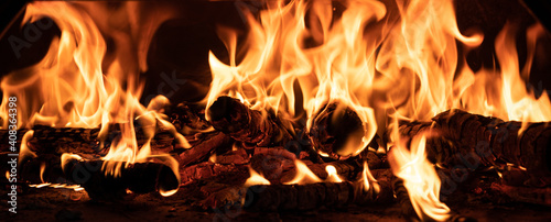 Burning wood in a wood fired pizza oven