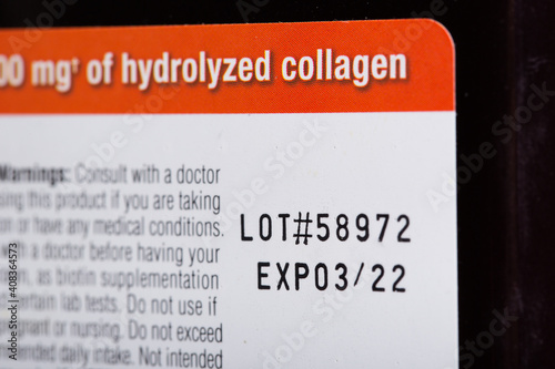 Instruction lot number and expiry date label of collagen.
