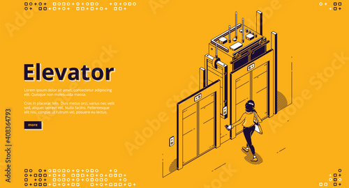 Elevator banner. Modern passenger transportation inside house or office building. Vector landing page of elevator with isometric illustration of woman waiting lift at sliding doors