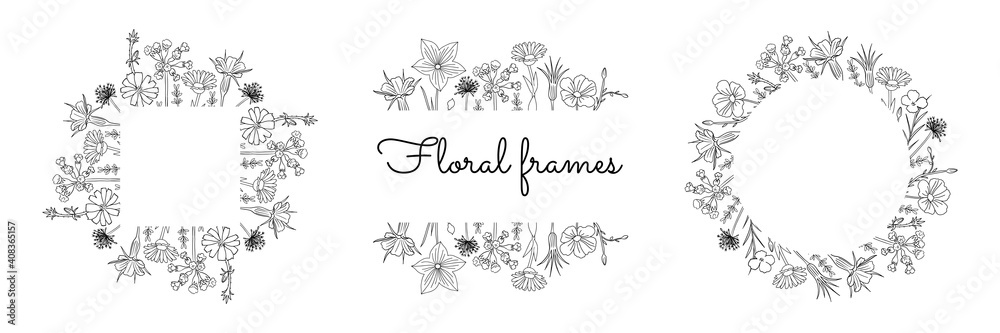 Set of three Floral frames. Vector illustration in hand drawn style, isolated on white background. Template for invitation, greeting card, logo, banner, social media poster or other Set of three Floral frames. Vector illustration in hand drawn style, isolated on white background. Template for invitation, greeting card, logo, banner, social media poster or other