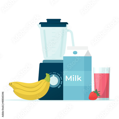 Stationary blender and products for smoothies. Vector illustration in flat style, isolated on white background