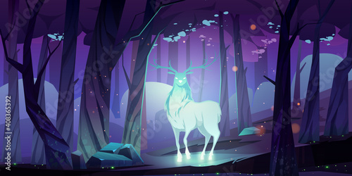 Mystical glowing deer silhouette in dark forest at night. Vector cartoon fantasy illustration of stag soul, spirit of woodland and protector of wildlife. Magic beautiful reindeer in woods