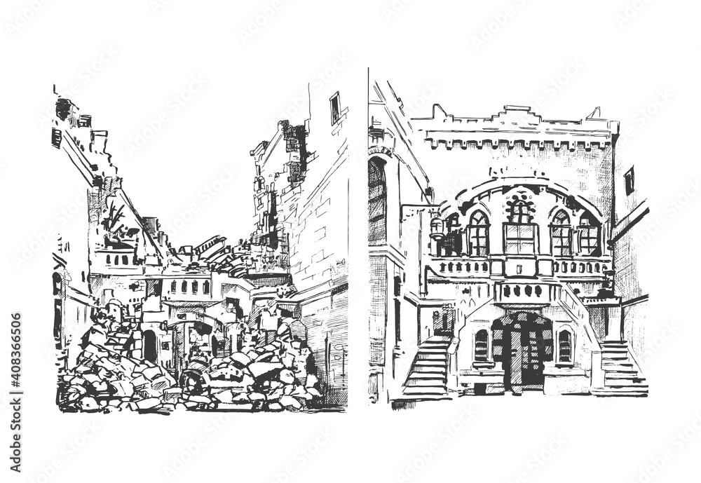 A building in Aleppo, Syria, before and after the destruction. Hand drawing. Vector