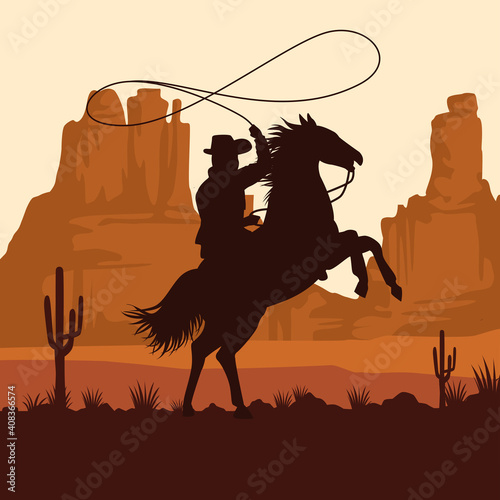cowboy figure silhouette in horse lassoing in the sunset landscape scene