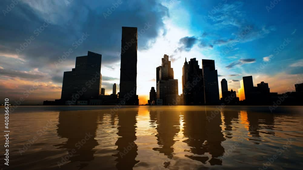 Skyline with skyscrapers and sea at sunset Skyline with skyscrapers and sea at sunset