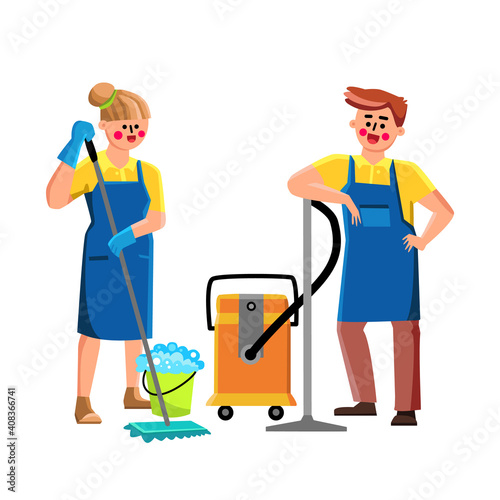 Janitor Cleaning Service Workers Couple Vector Illustration