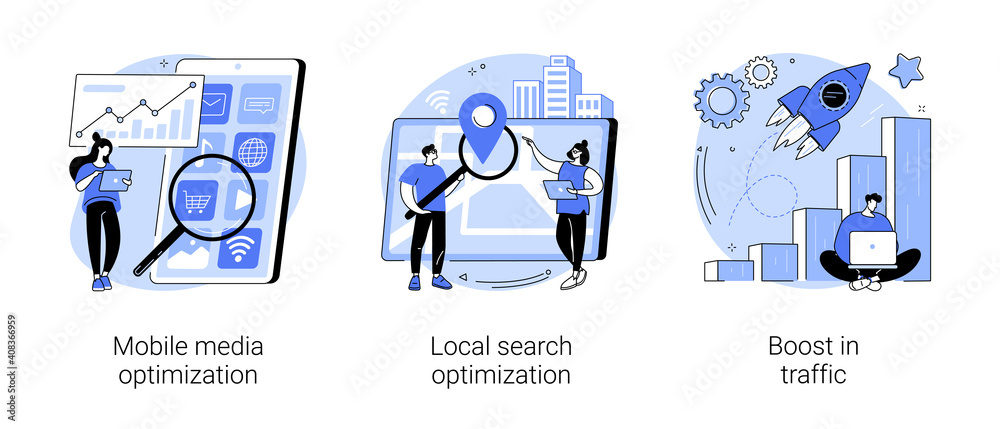 SEO strategy abstract concept vector illustration set. Mobile media optimization, local search, boost in traffic, search engine targeting, business digital promotion, visitor growth abstract metaphor.