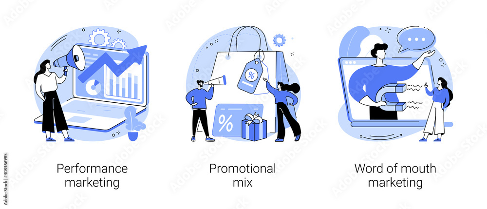 Promotion strategy abstract concept vector illustration set. Performance advertising campaign, promotional mix, word of mouth marketing, referral sales, brand loyalty, referral sale abstract metaphor.